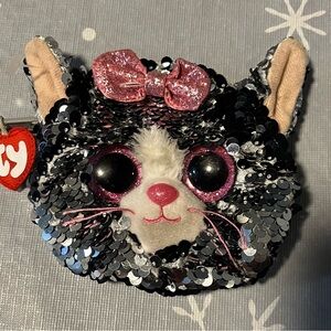 Ty Sequin Kitten Coin Purse - Black, Silver, Pink
